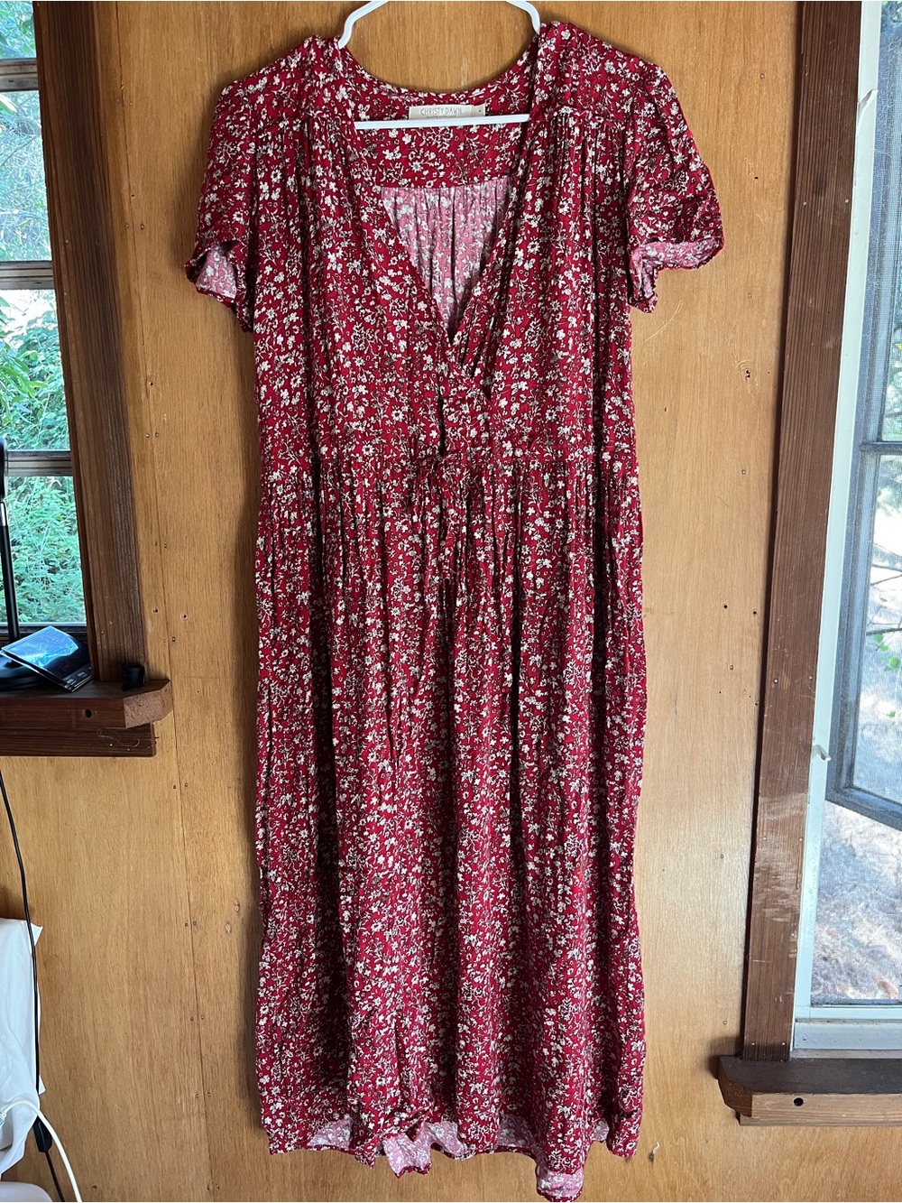 Christy Dawn Red Floral Midi Dawn Dress with Tie Waist - Size Medium